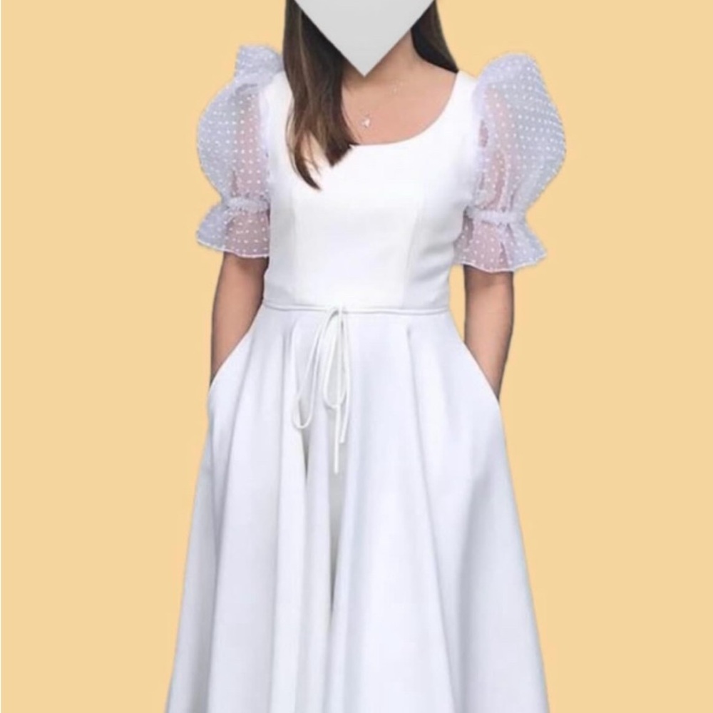 SOON MANILA (IDM) White/Cream Dress with Sheer Polka Dot Sleeves